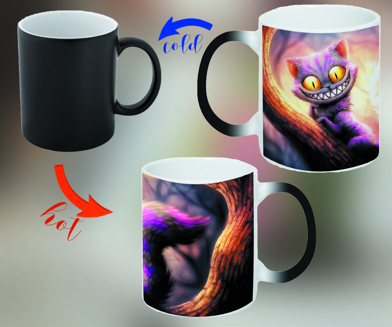 

Оригинальный подарок, чашка с принтом, чашка хамелеон, кружка с Чеширой