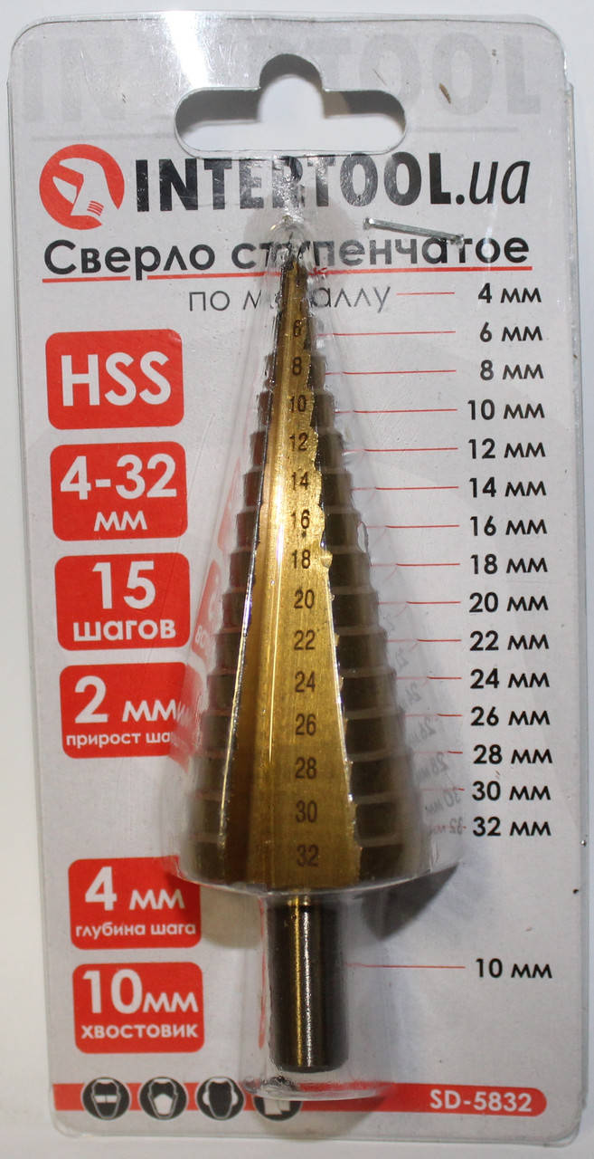 

Сверло ступенчатое по металлу HSS 4-32 мм INTERTOOL SD-5832