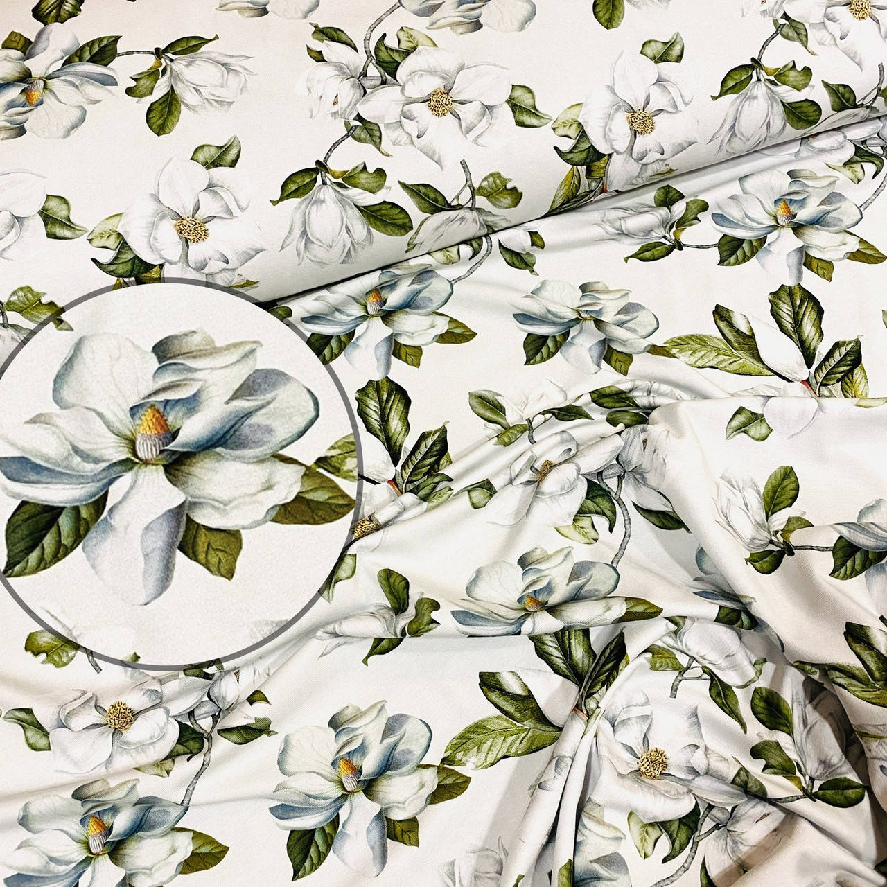 

Стрейч кулир Магнолия большая в веточках на светлом Состав 95% хлопок 5% эластан для футболок шортиков платьев, Разные цвета