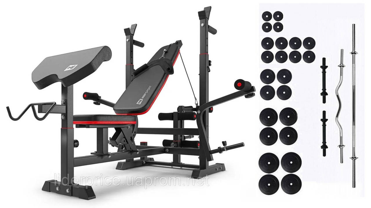 

Cкамья для жима Hop-Sport 1075 с набором 160кг с тягой и партой Скотта+перчатки