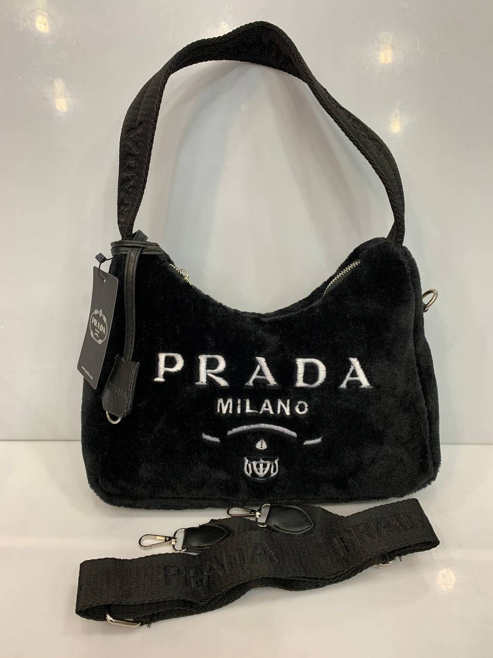 

Модная женская меховая черная сумка Prada Прада, Черный