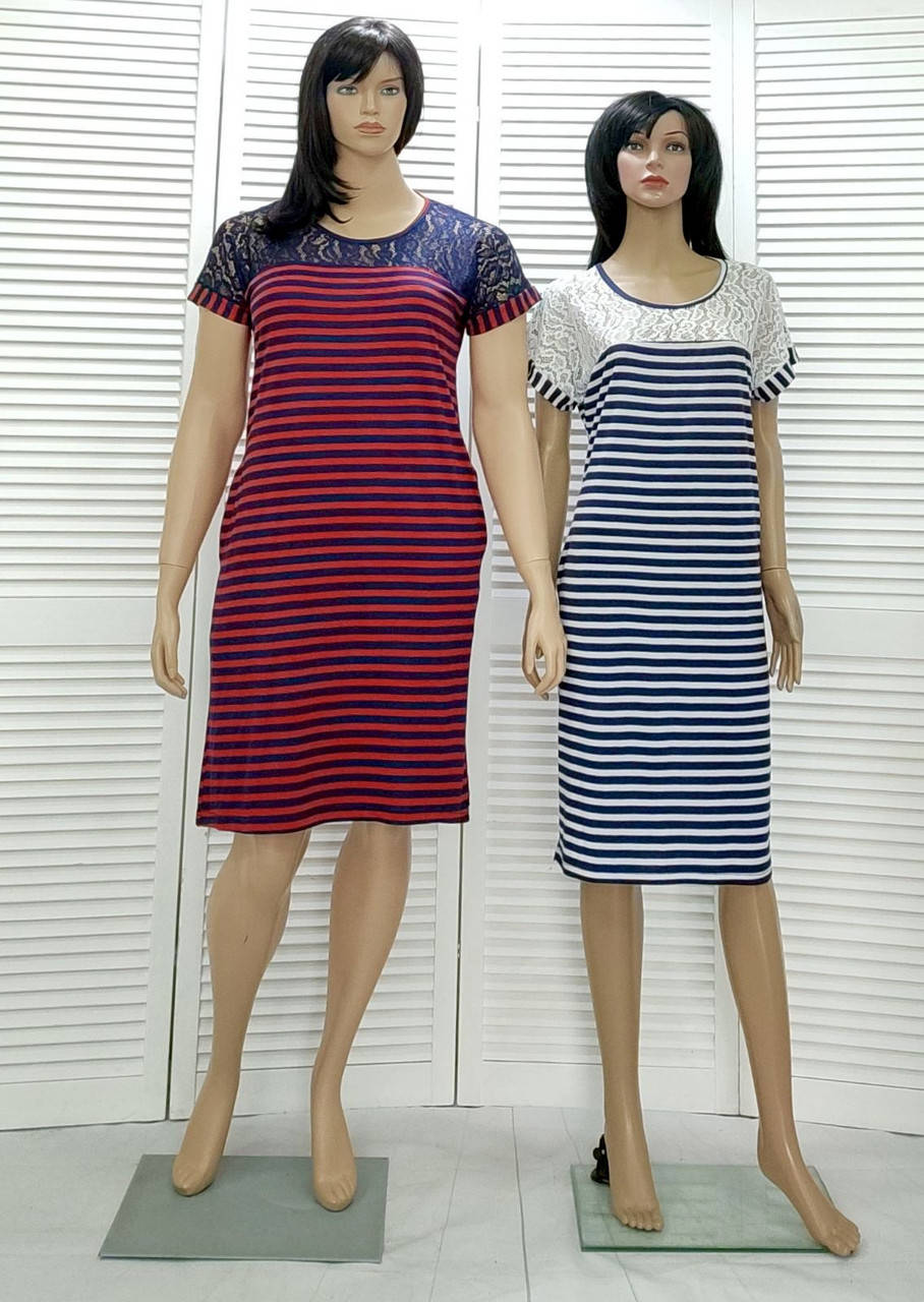 

Женское платье в полоску с кружевом батал