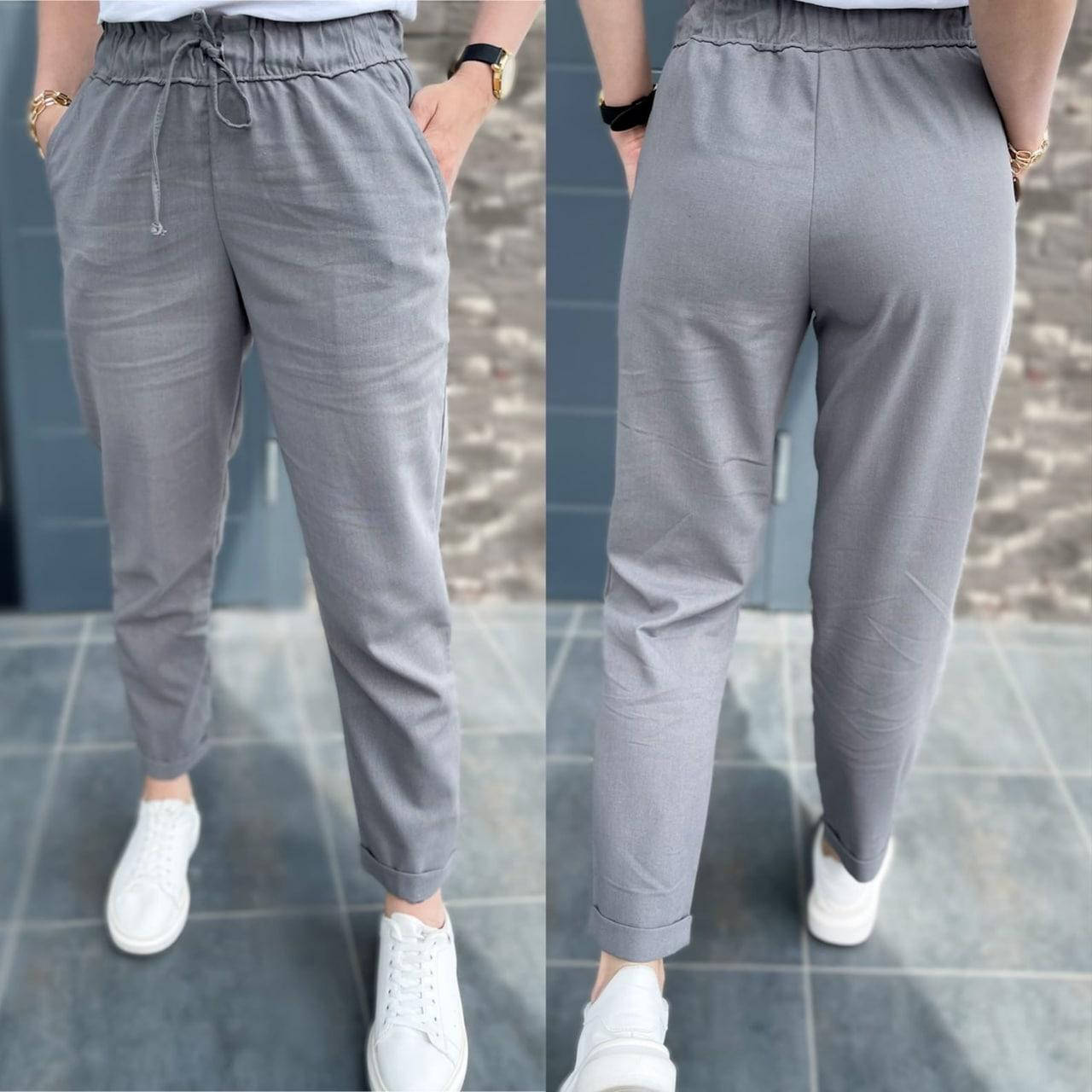

Женские летние льняные серые брюки на резинке, Серый