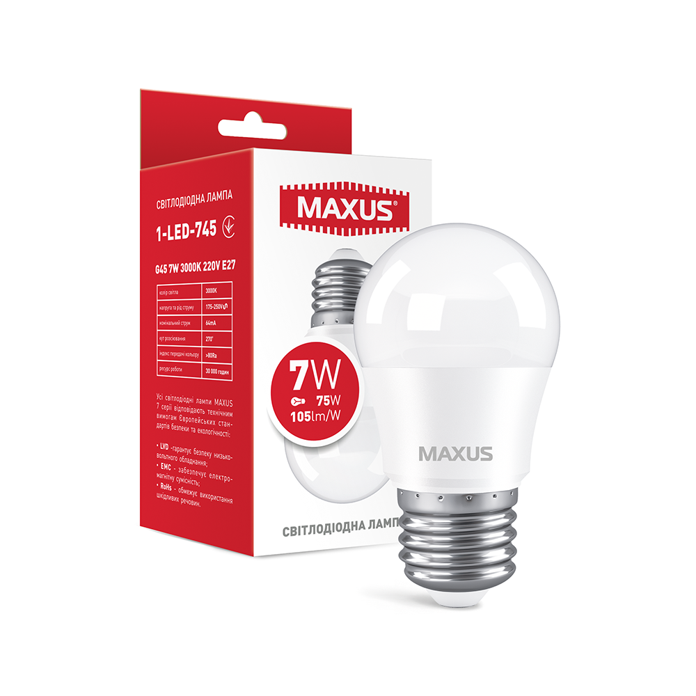 

Лампа LED шар 7W E27 теплый свет 220V G45 (1-LED-745) MAXUS