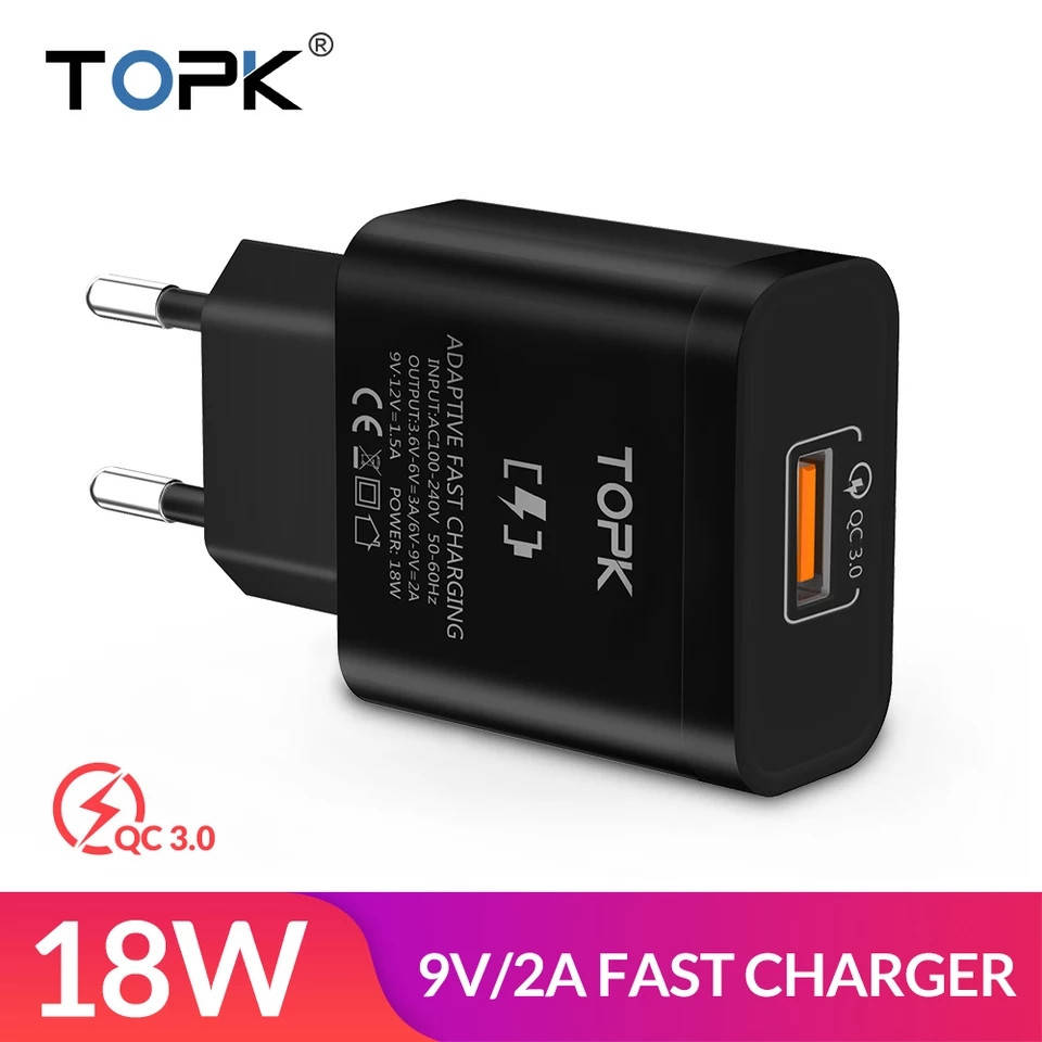 

Сетевое зарядное устройство Topk Qualcomm Quick Charge 3.0 18W USB