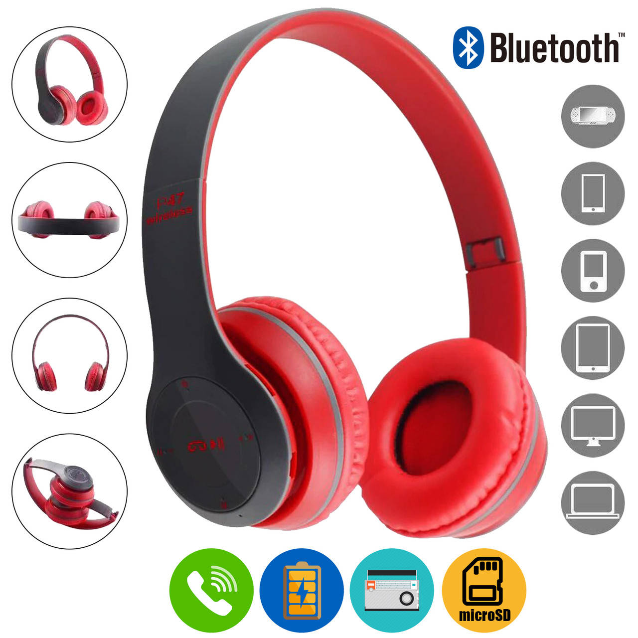 

Полноразмерные блютуз наушники с микрофоном Wireless P47 для ПК красные YLW