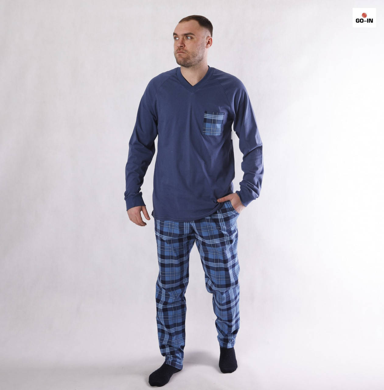 

Пижама мужская в клетку хлопковая кофта со штанами летняя синяя 44-60р.