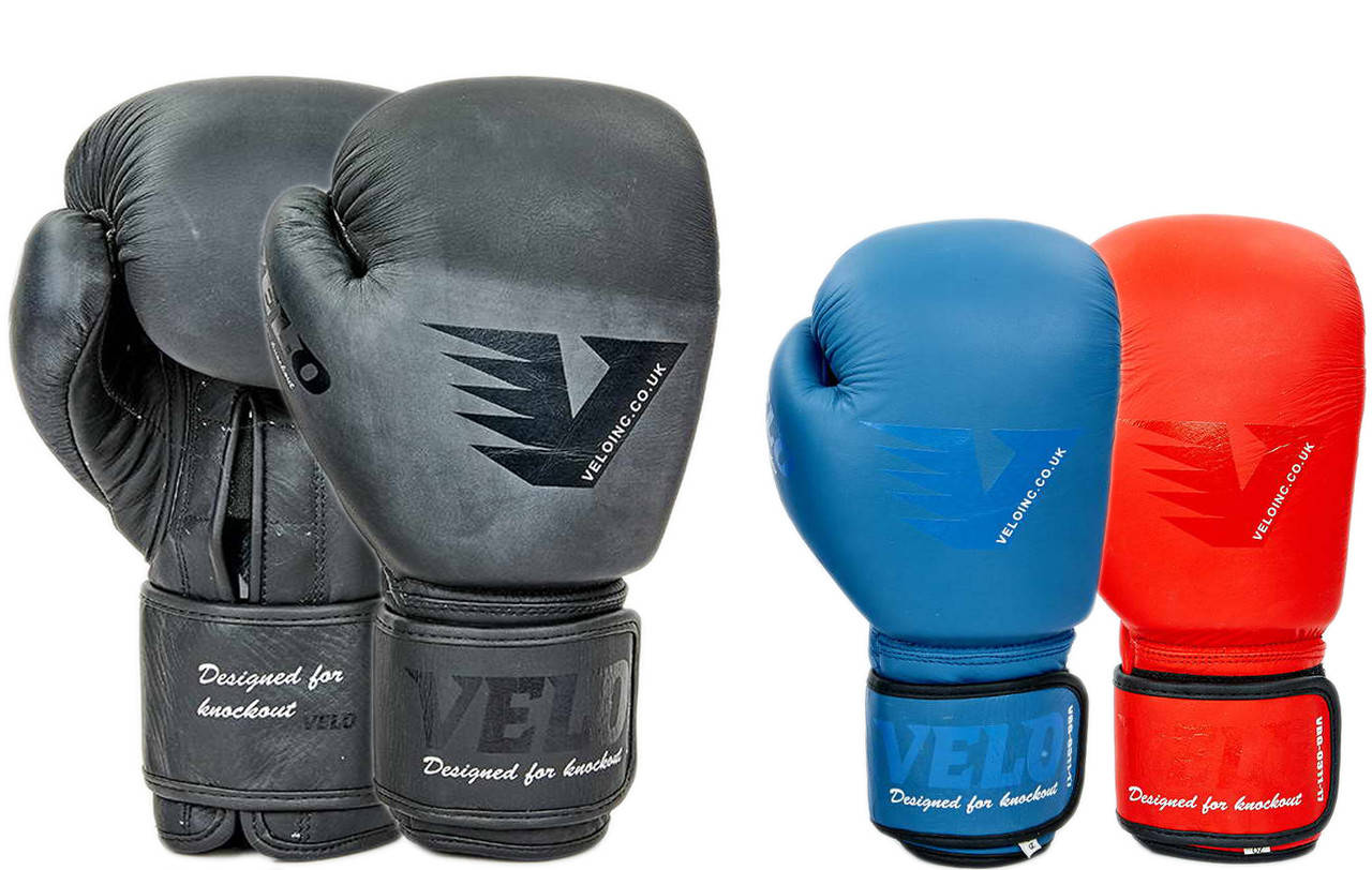 

Перчатки боксерские кожаные на липучке Velo 8187: 10-14 унций (3 цвета) Черный