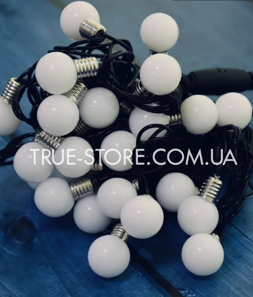 

Гирлянда лампочки 30LED, Белый цвет, черный провод, 7м+переходник, 25мм лампочка