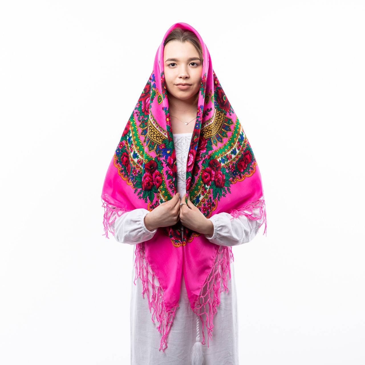 

Українська хустка з тороками 120х120см Рожева