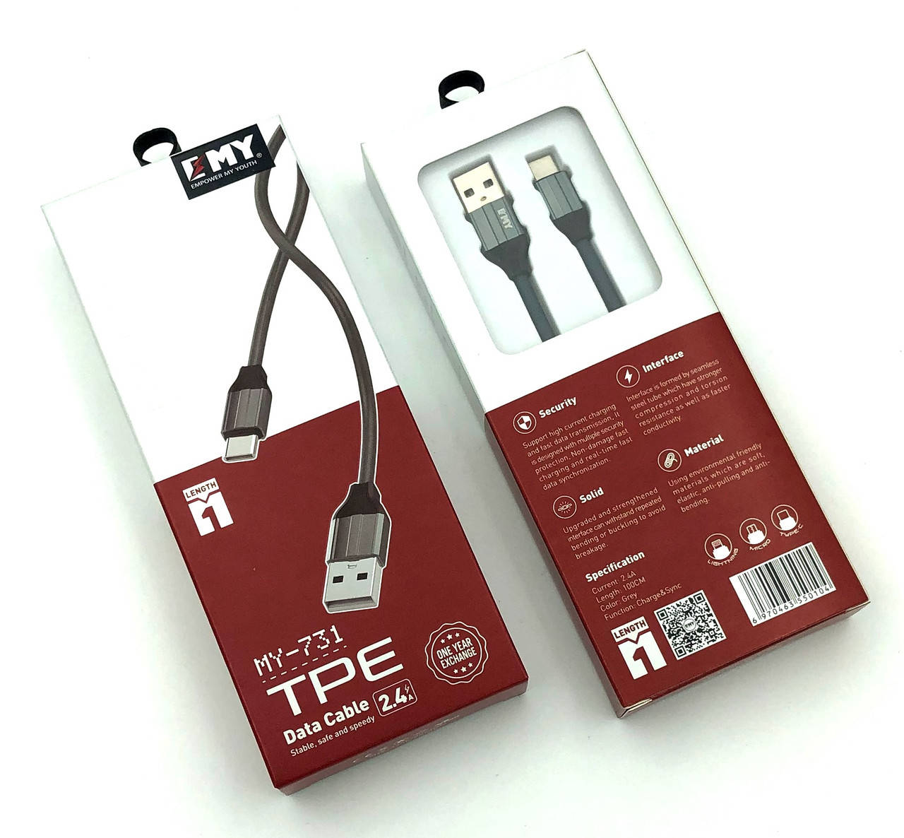 

Дата кабель EMY MY-731 Type C 2.4A 1m Grey