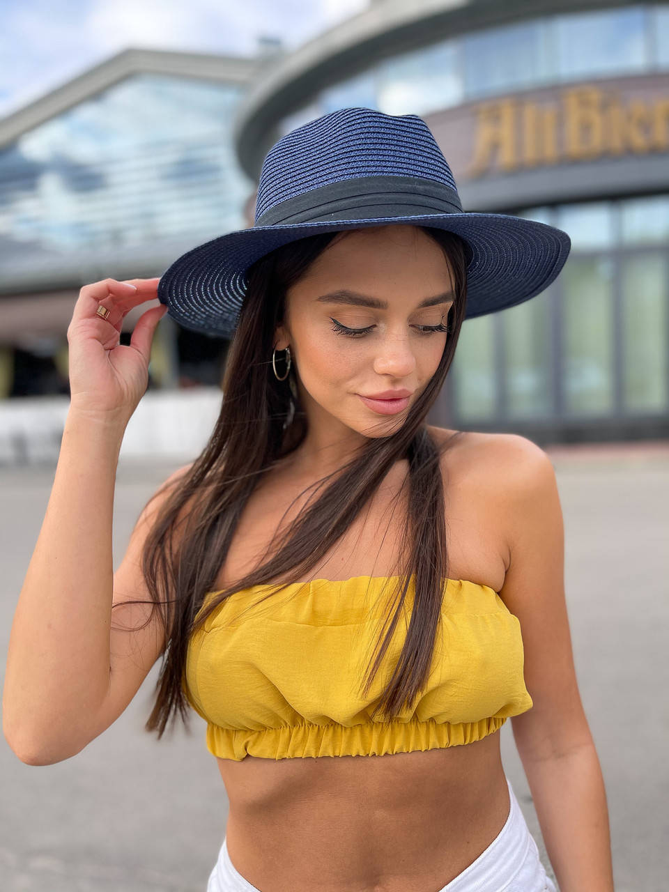 

Шляпа унисекс летняя Федора с лентой синяя, В наличии