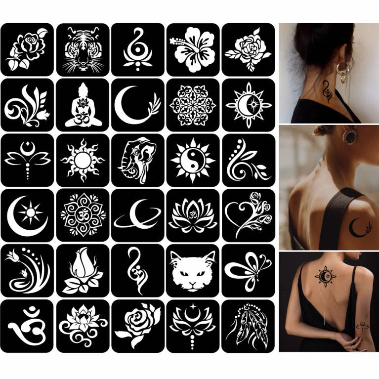 

Набор трафаретов Цветы для блеск тату, для био тату хной, временные тату 7х7, 30 шт.