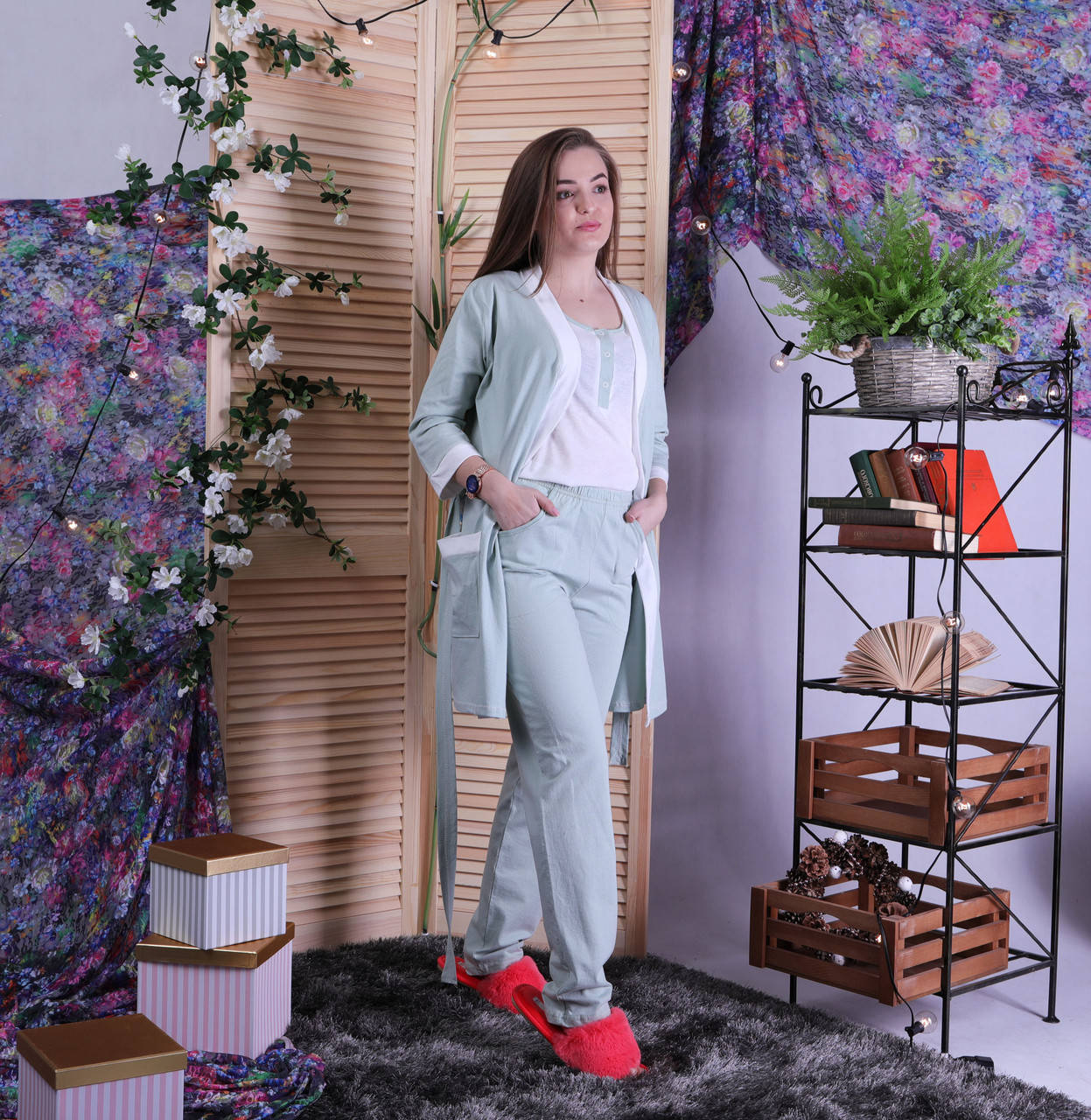 

Пижама тройка халат с пижамой кулир "Оливка "В НАЛИЧИИ ТОЛЬКО 42