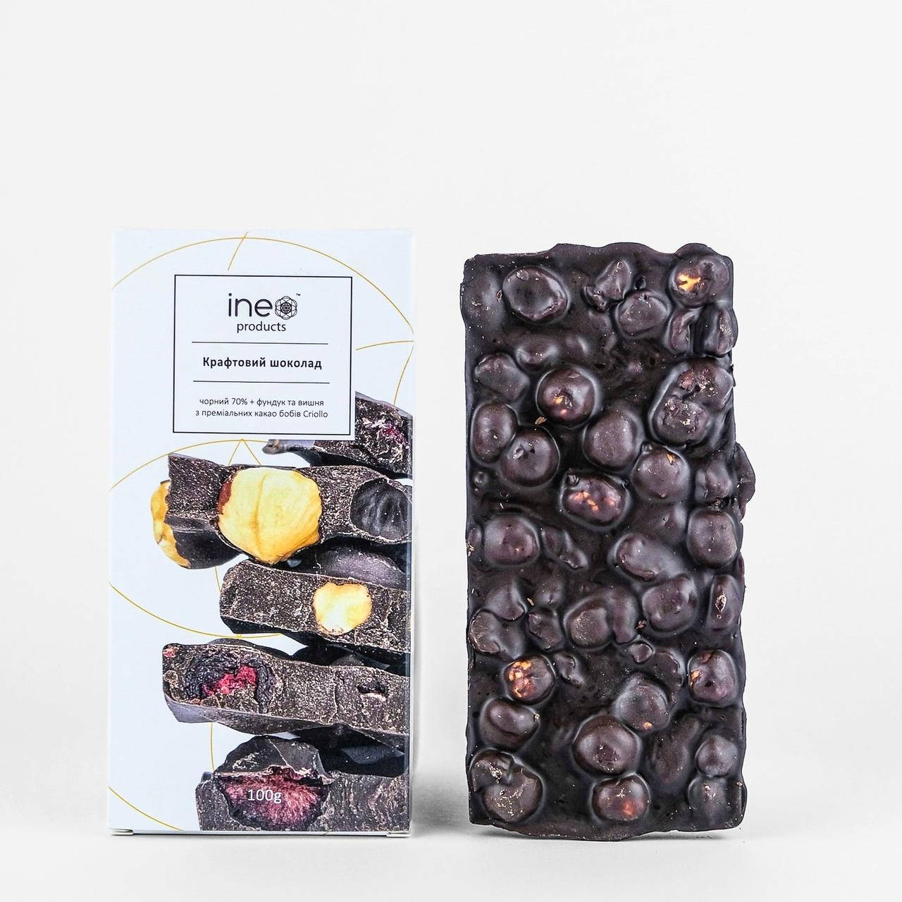 

Крафтовый шоколад Ineo Products черный 70% с фундуком и вишней 100 г