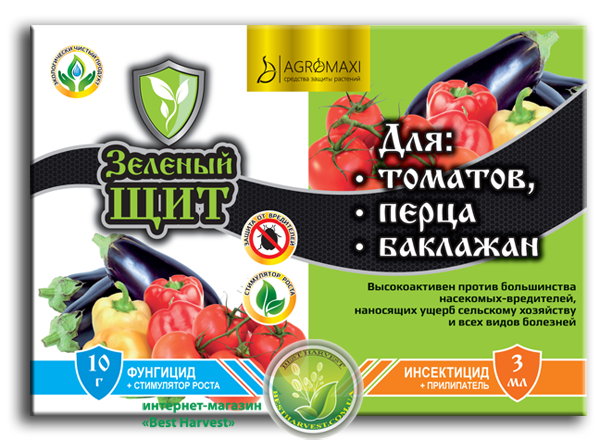 

Инсектицид+Фунгицид Для томатов, перца и баклажан 10г+3мл Зеленый щит