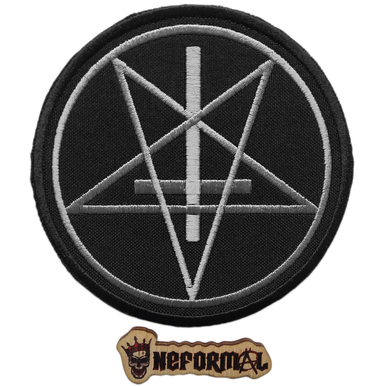 

Нашивка перевернутый крест и перевернутая пентаграмма, черная, круглая, 10 см., Черный