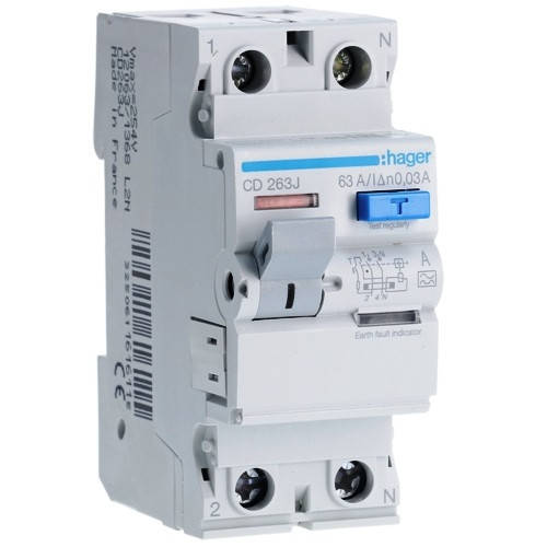 

Устройство защитного отключения (УЗО) Hager CD263J- 2x63A, 30mA, A