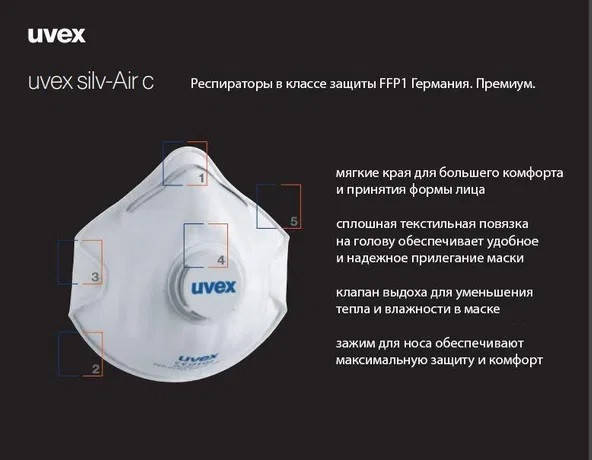 

Маска Uvex Premium. Медицинская многоразовая защита дыхания Респиратор