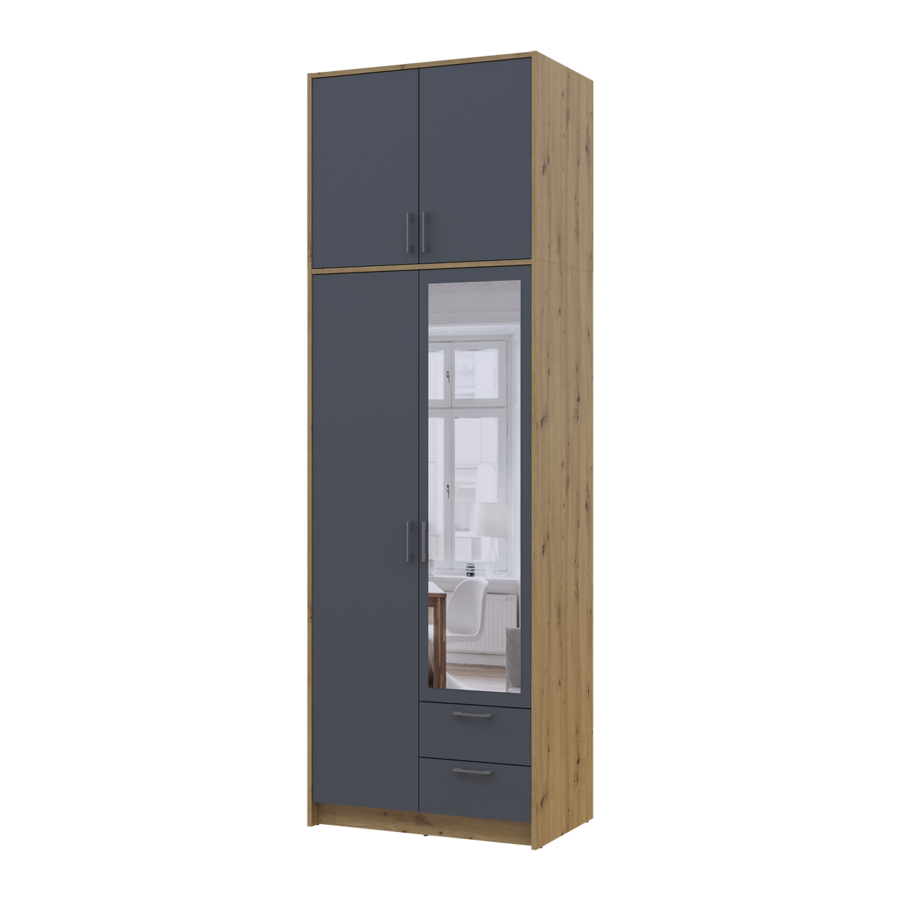 Шафа для одягу Doros Ронді з високою антресолею та дзеркалом Дуб Артізан/Графіт 2 ДСП 82х52х260 (42005189)