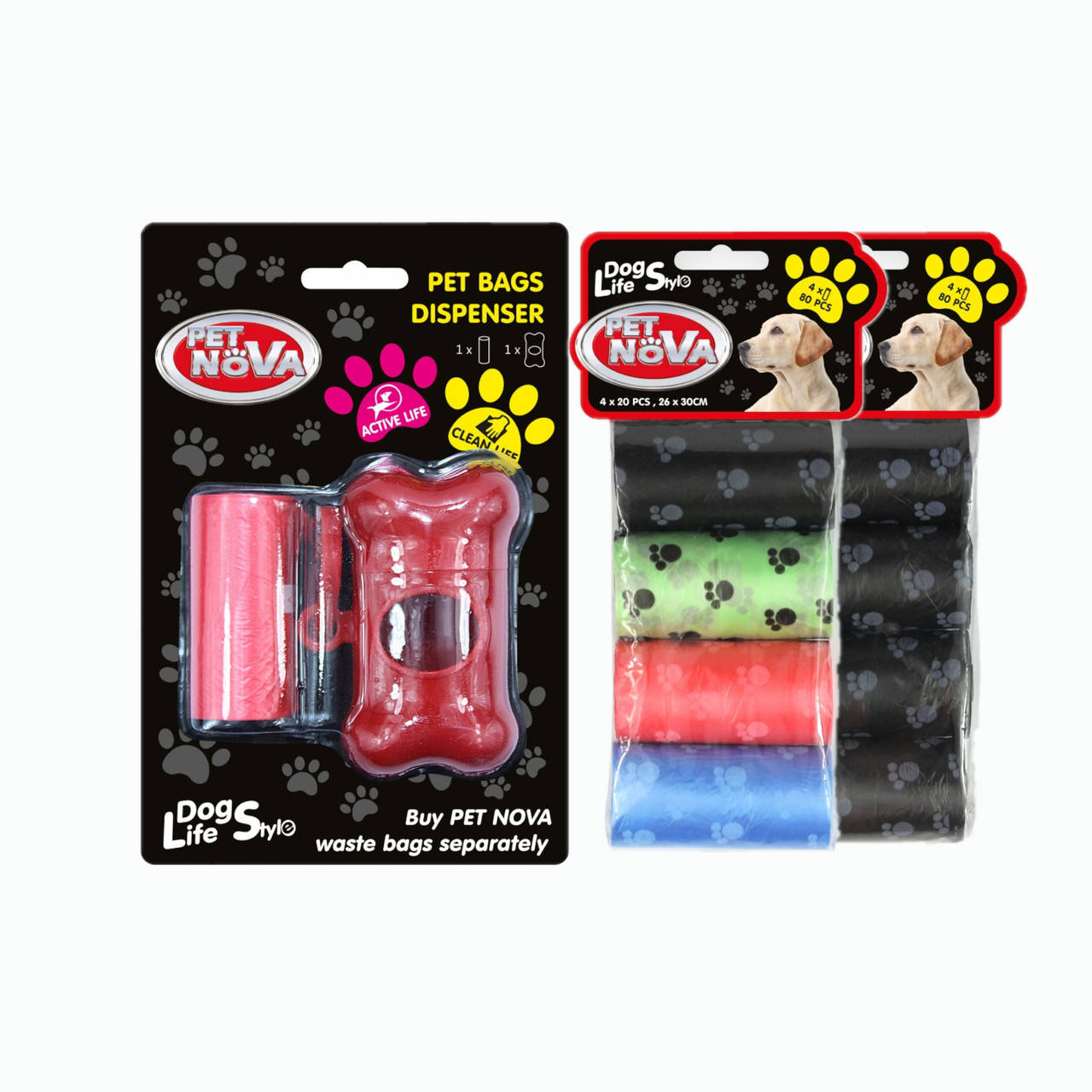 

Контейнер с пакетами для уборки за собакой Pet Nova 9 рулонов 180 пакетов, Красный