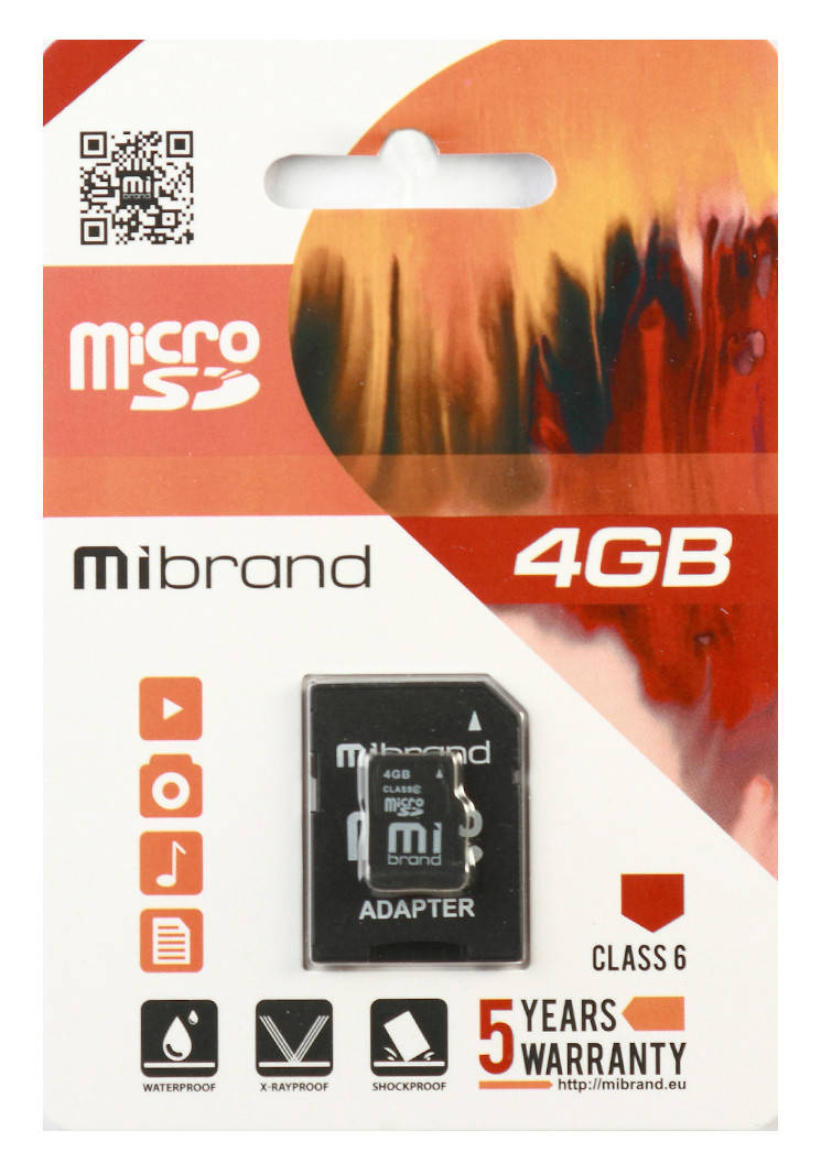 

Карта памяти microSDHC Mibrand 4 Гб С 6 + SD адаптер (MICDC6 / 4GB-A)