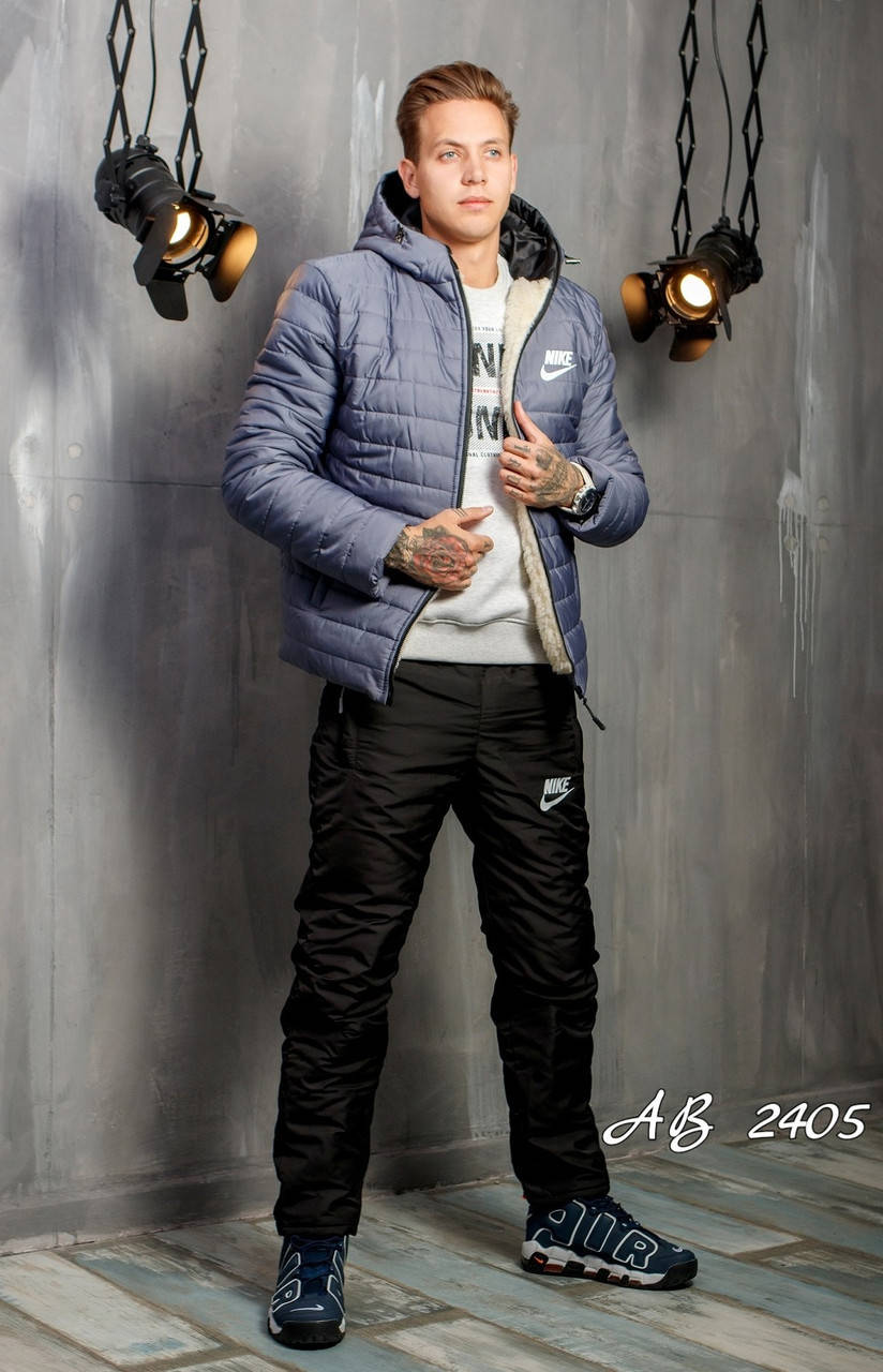 

Мужской зимний стеганный прогулочный костюм на синтепоне: штаны и куртка на овчине, Серый