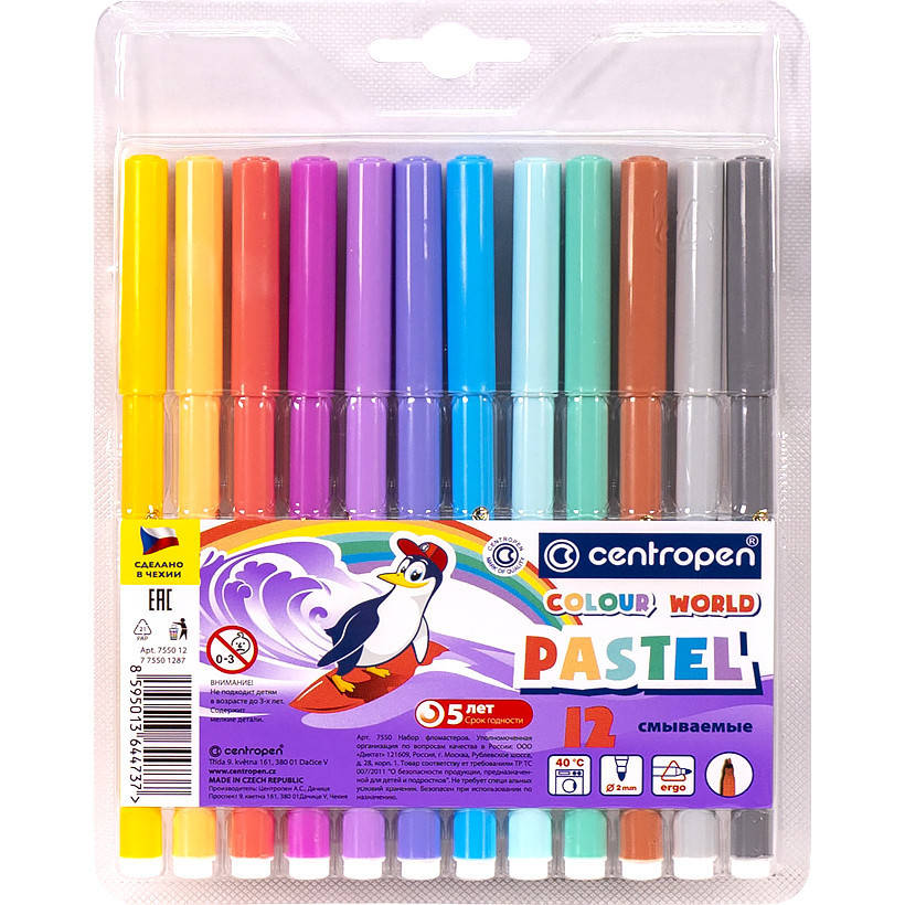 

Фломастеры 12 цветов Centropen пастельные арт.7550-12, Разные цвета