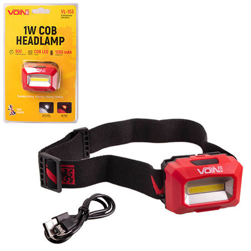 

Фонарь налобный VOIN VL-103, 1W-COB (W / R) / АКБ1200mAh / рег. наклона
