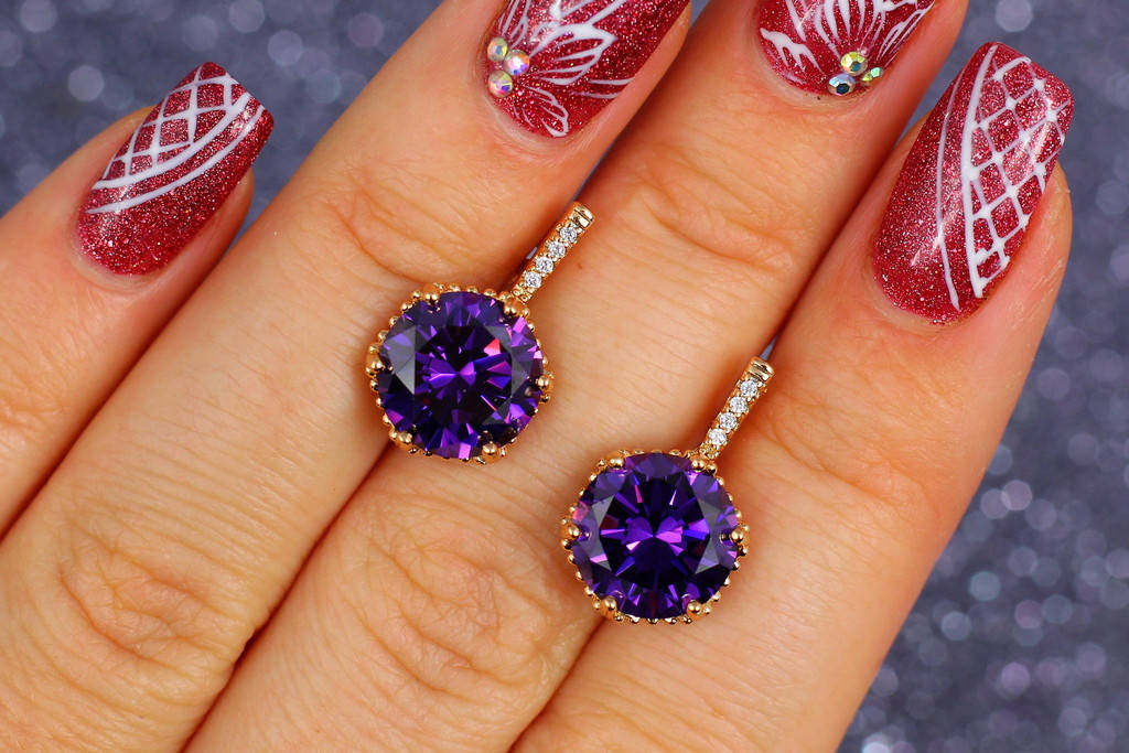 

Серьги Xuping Jewelry с фиолетовым большим камнем шестигранная оправа 2 см золотистые