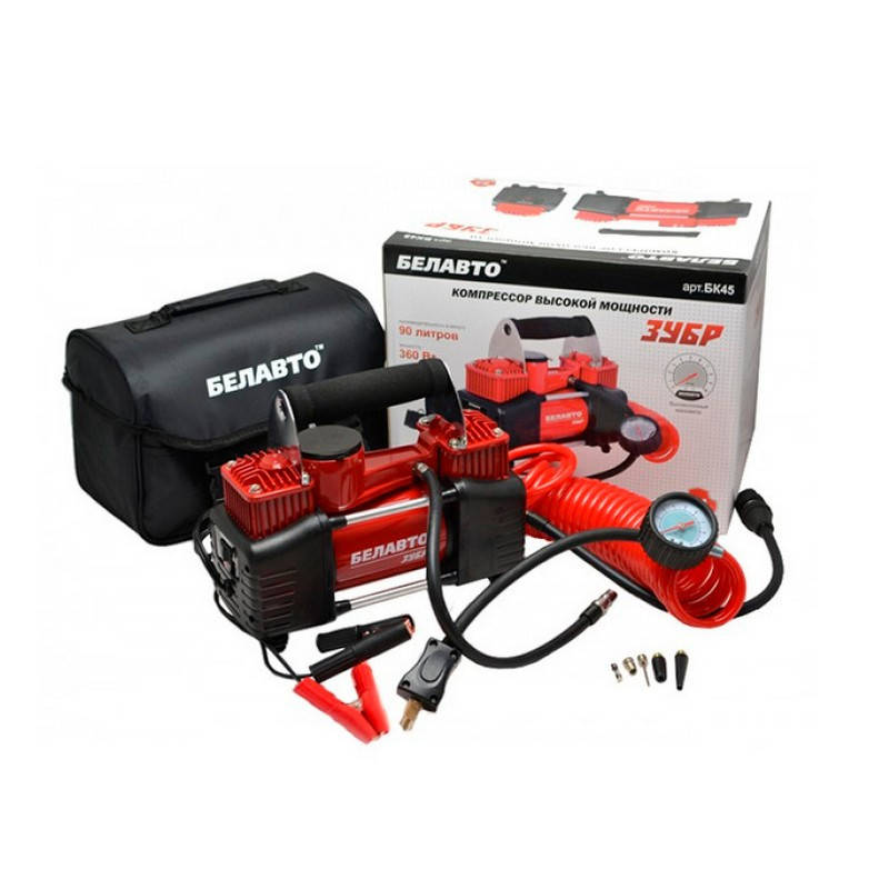 

Автомобильный компрессор двухпоршневой для шин R13-R21 Белавто Зубр автокомпрессор 90 л/мин 10 Атм 360 Вт BK45