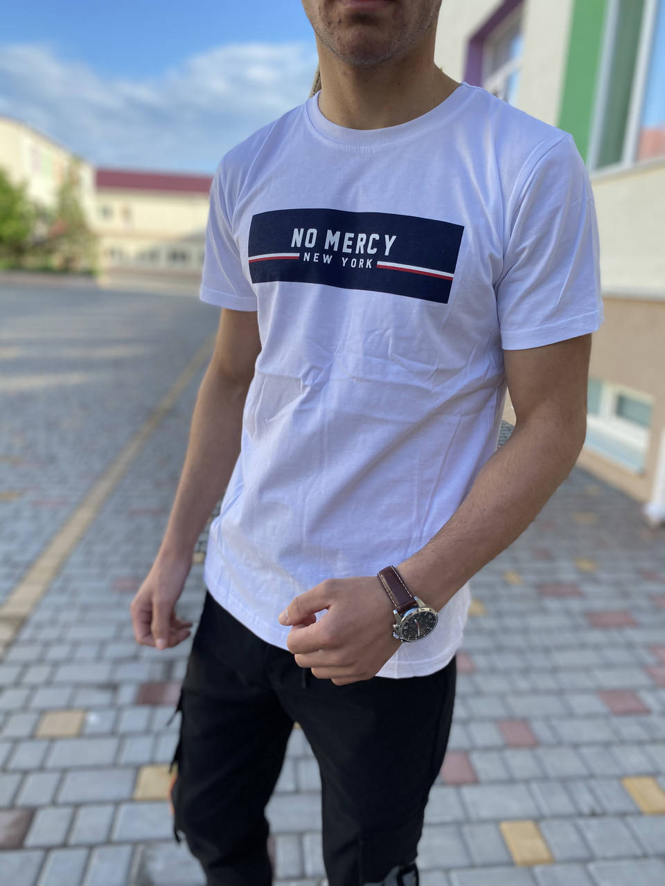 

Стильная мужская белая футболка NO MERCY, летняя молодежная футболка белого цвета