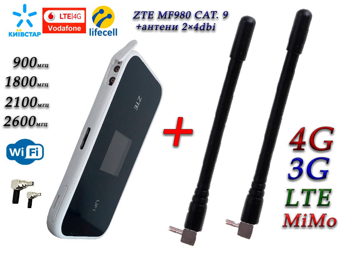 

Мобильный модем 4G-LTE/3G WiFi Роутер ZTE MF980 CAT. 9 + 2 антенны 4G(LTE) по 4 db