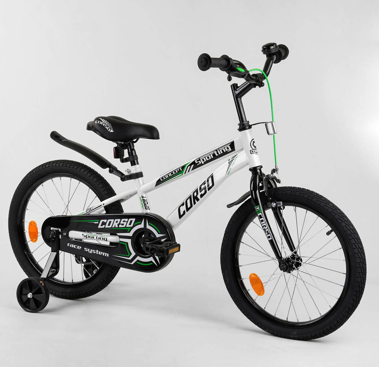

Детский двухколёсный велосипед Corso 18 дюймов R-18578, ручной тормоз, колокольчик, доп. колеса, Белый