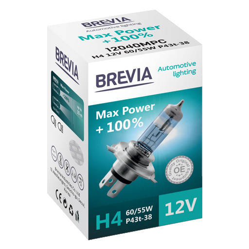 

Галогеновая лампа Brevia H4 Max Power +100% 12v 60/55w