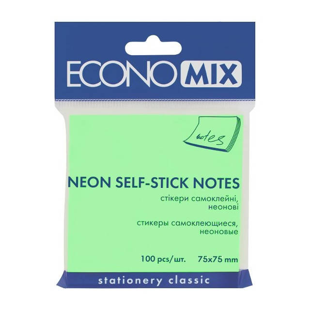 

Бумага для заметок с липким слоем EconoMix 75х75мм 100 листов неон салатовая E20944-13