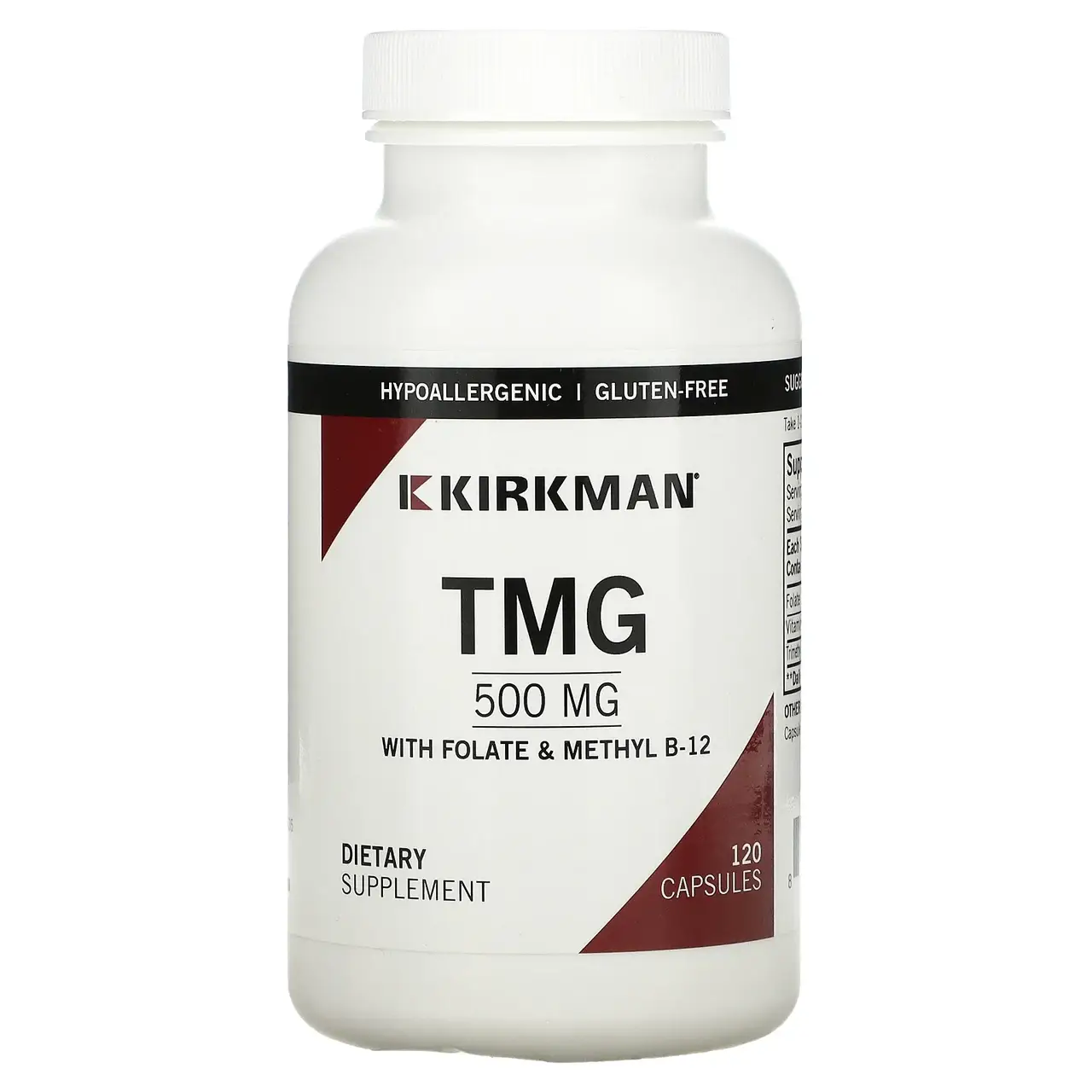 

Kirkman Labs, TMG с фолиновой кислотой и метилкобаламином, 500 мг, 120 капсул