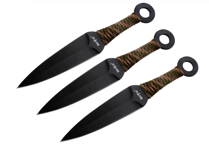 

Набор ножей 3 шт для метания металл черный на рукояти шнуровка + чехол тканевый, заточен с двух сторон