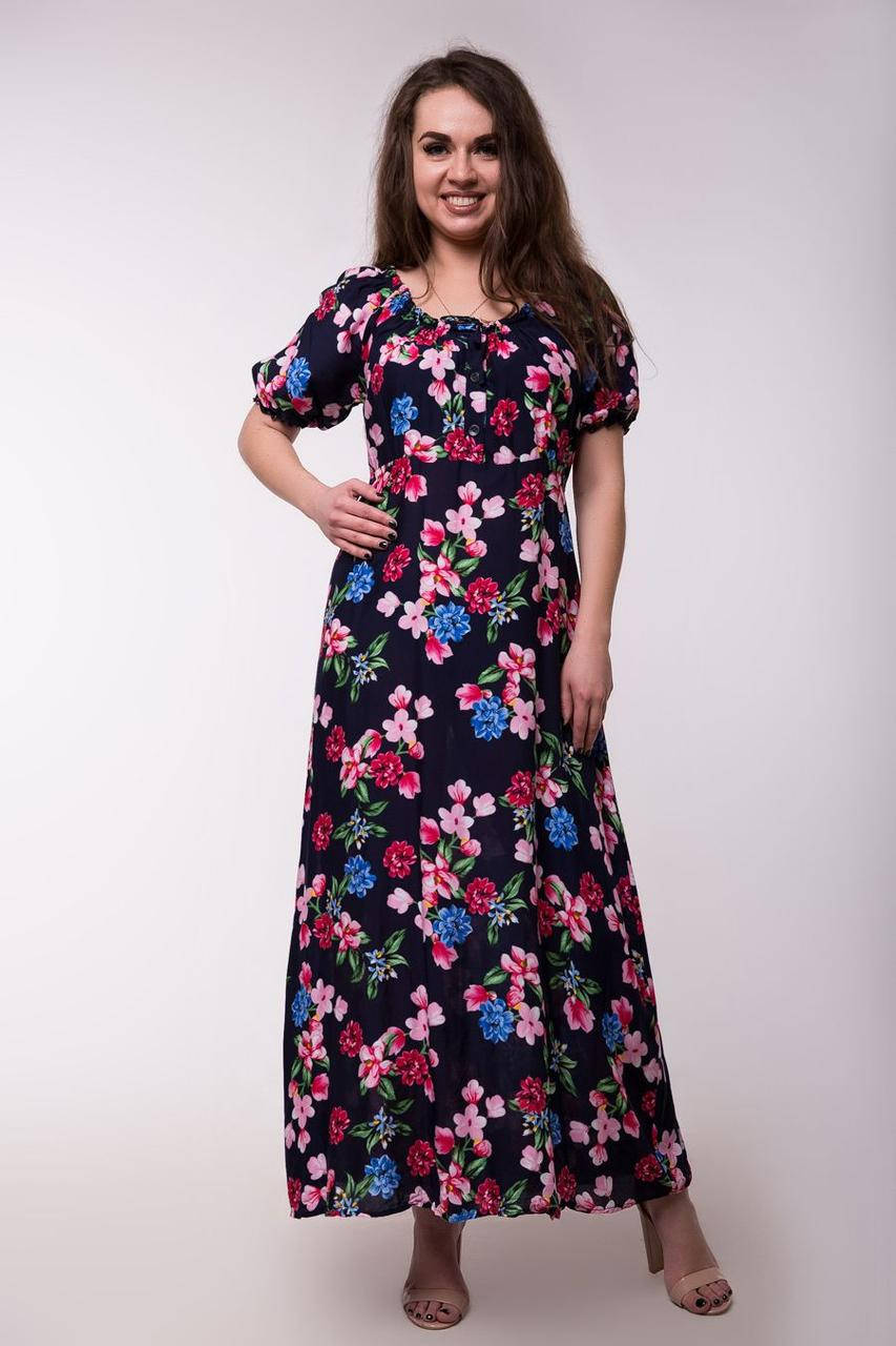 

Летнее длинное платье в пол с цветочным принтом больших размеров темно-синее D57S-33 из вискозы 3XL