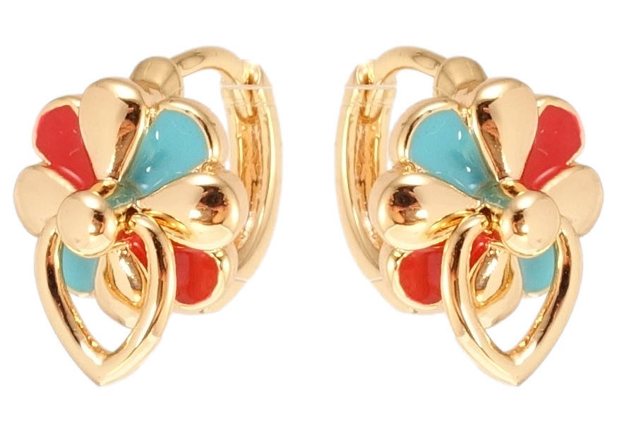 

Серьги Xuping M&L желтый оттенок колечки "Цветочки с красно-голубой эмалью"