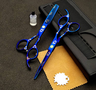 

Парикмахерские ножницы 2 шт для стрижки волос 6/0 Япония синий глянец с лепестками вишни в пенале