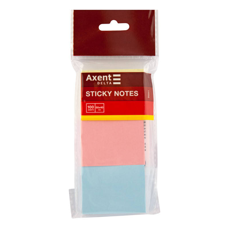 

Блок бумаги с липким слоем 50 x 40 мм 100 листов 3 шт, AXENT, D3311, Разные цвета