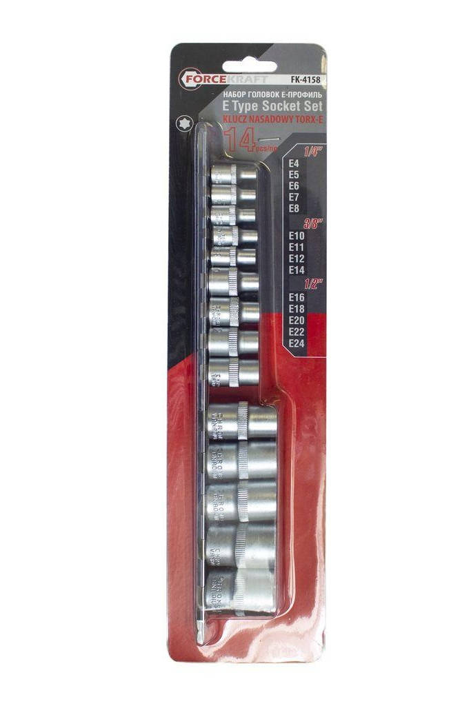 

Набор головок Е-профиль,14пр(1/4'':Е4,5,6,7,8, 3/8:Е10,11,12,14, 1/2'':Е16,18,20,22,24),на планке FK-4158