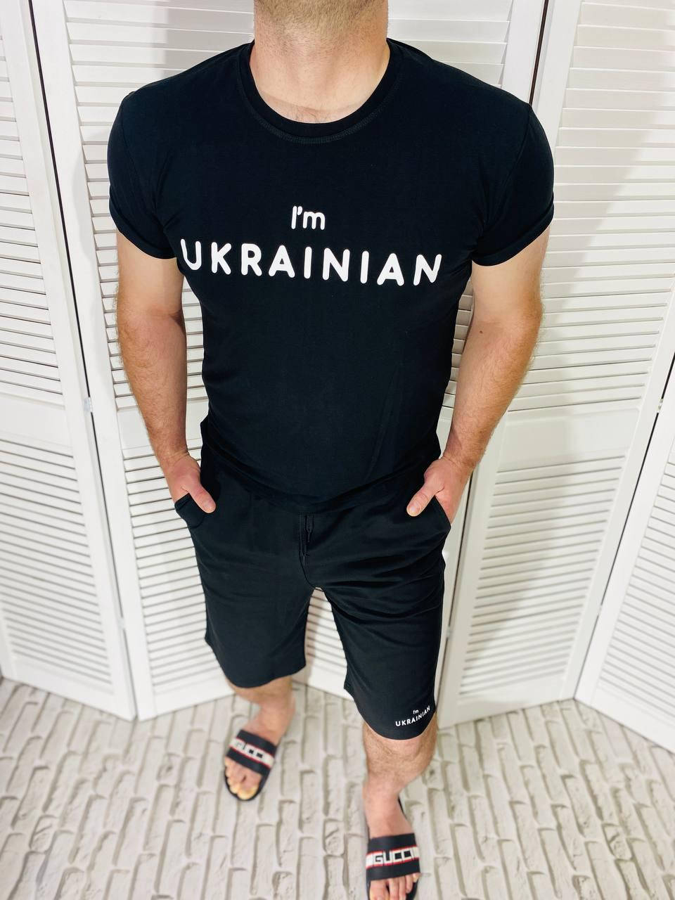 

Мужской, летний, спортивный костюм с шортами и футболкой с накатом "I'm Ukrainian" L, Черный