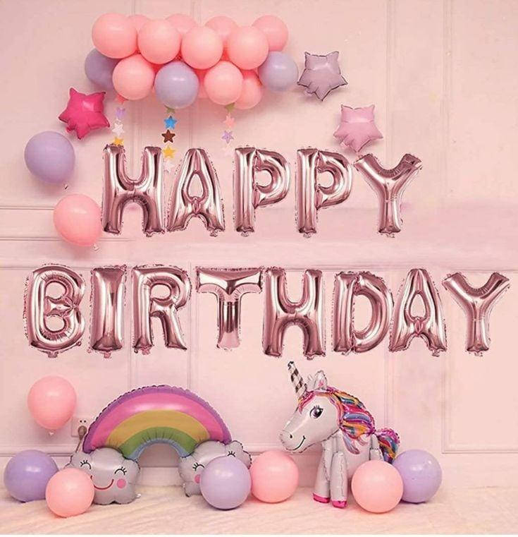 

Фотозона с единорожкой и фольгированными буквами Happy Birthday, Разные цвета