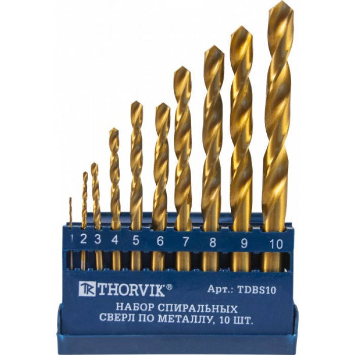 

TDBS10 Набор спиральных сверл по металлу HSS TiN в пластиковом кейсе, d1.0-10.0 мм, 10 предметов
