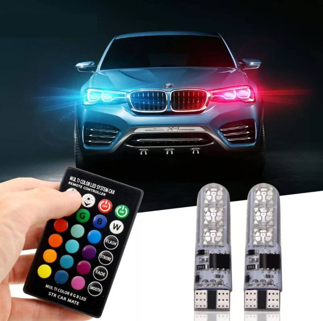 

Автомобильные цветные лампы габаритов - ходовые огни RGB LED T10 W5W с пультом ДУ