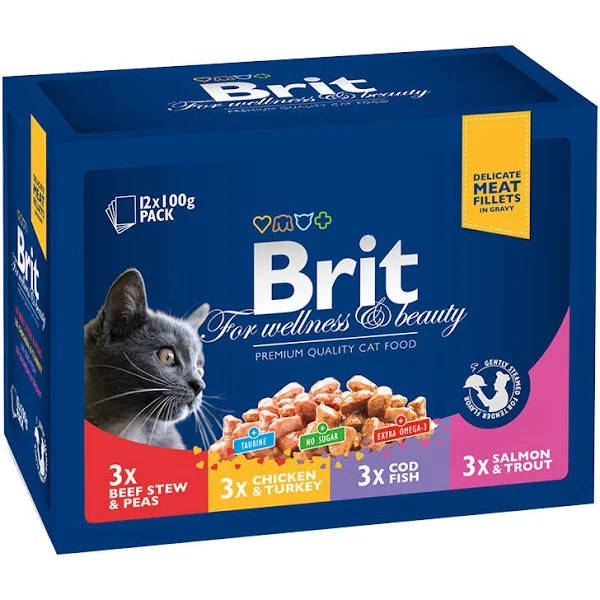 

Влажный корм для котов набор паучей семейная тарелка ассорти 4 вкуса Brit Premium Cat 100гр х 12шт (Брит)