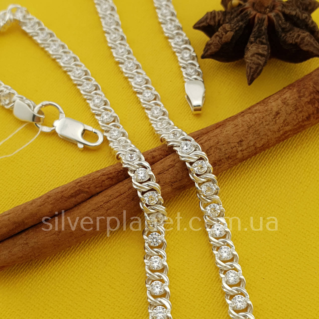 

Серебряная цепочка арабка с камнями. Женское колье серебро 925 проба 500