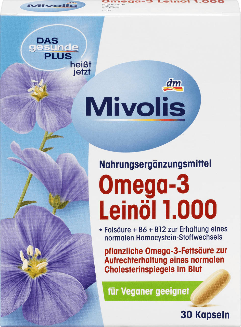

Витаминный комплекс Omega-3 льняное масло 1.000 30 капсул Dm Mivolis (Германия)